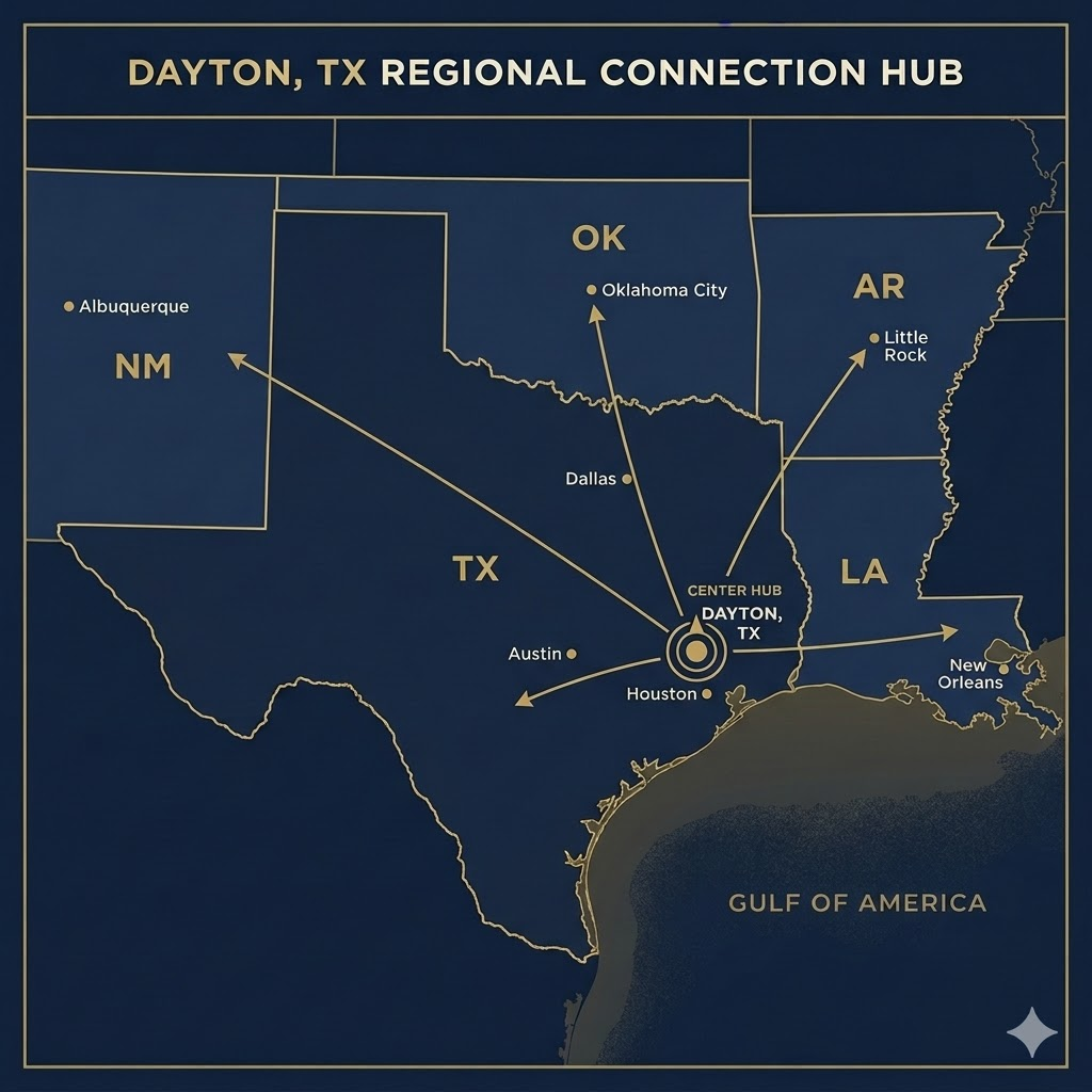 Map showing Dayton, TX as a regional connection hub serving Houston, Austin, Dallas, Oklahoma City, Little Rock, New Orleans, and Albuquerque